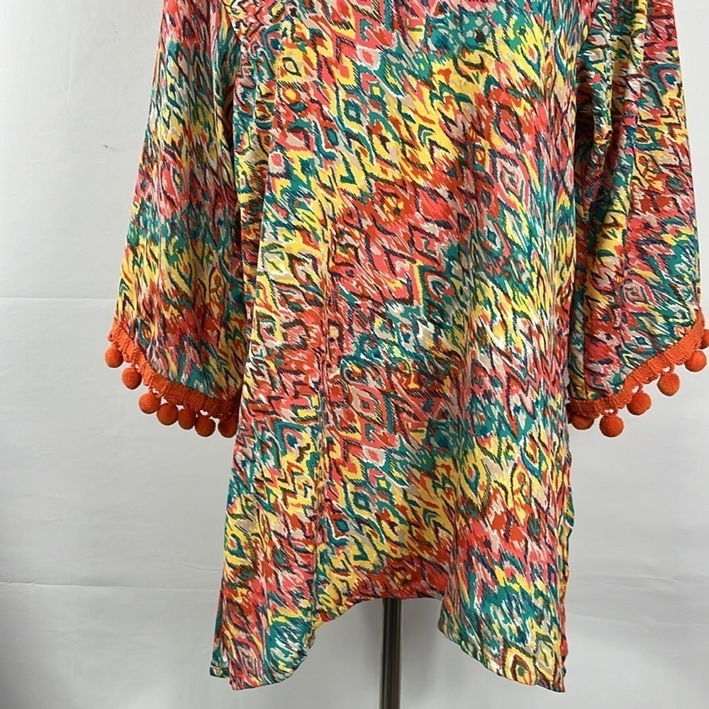 Uncle Frank Bell Sleeve Multicolor Tunic Top Dress With Pom Pom Fringe Detail S - Picture 3 of 10